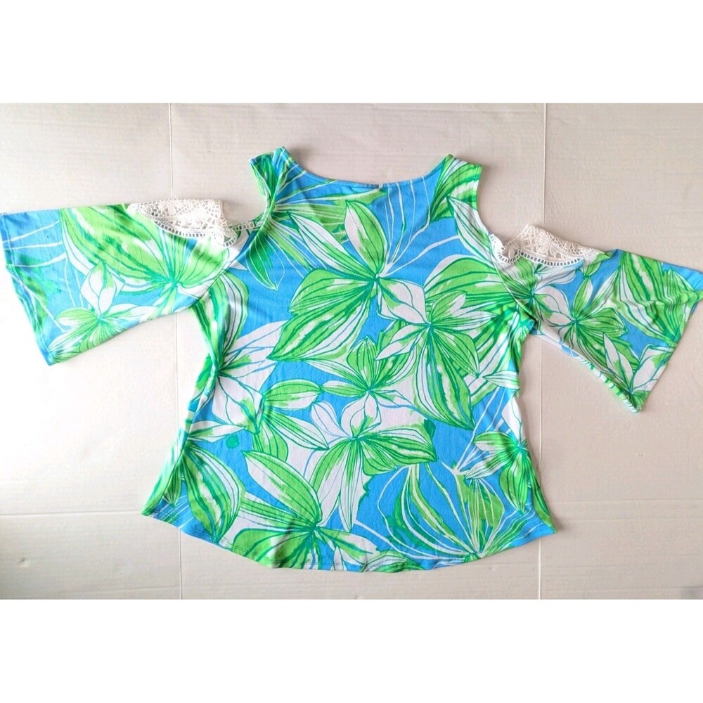 Ruby Rd Womens XL Sleeveless Blue Tropical Leaf Print Blouse Keyhole Crochet - Picture 2 of 16